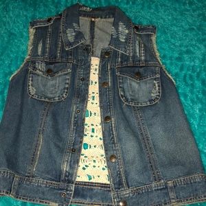 Woven back, jean jacket vest